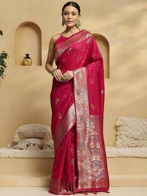 Pink woven design embellished zari banarasi saree 1