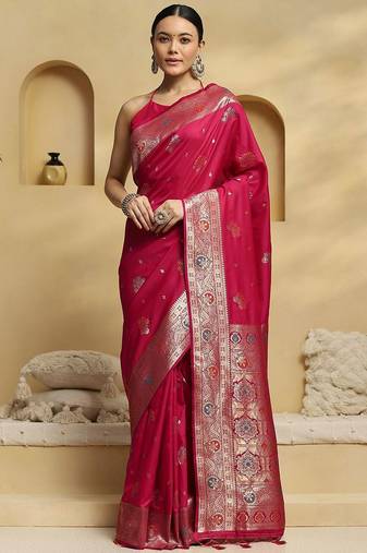 Pink woven design embellished zari banarasi saree