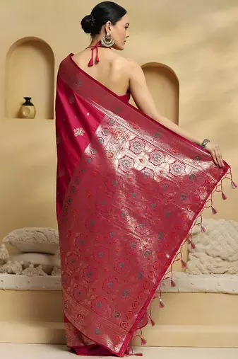 Pink woven design embellished zari banarasi saree