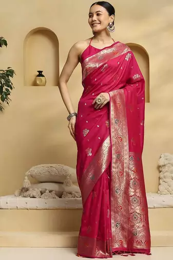 Pink woven design embellished zari banarasi saree