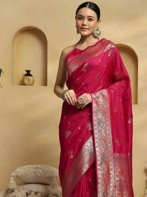 Pink woven design embellished zari banarasi saree 4