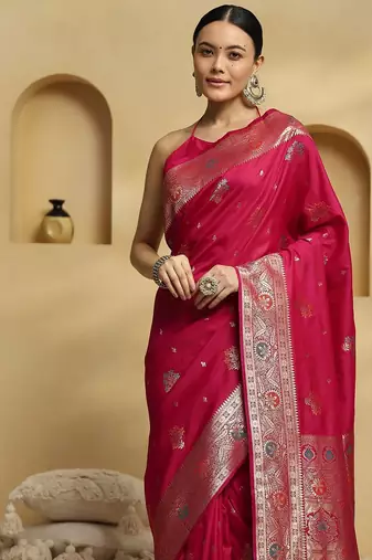 Pink woven design embellished zari banarasi saree