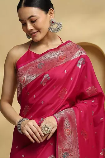 Pink woven design embellished zari banarasi saree