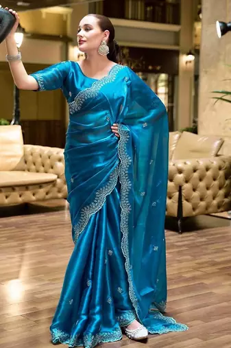 blue woven design poly chiffon saree