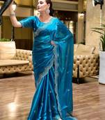 blue woven design poly chiffon saree