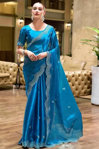 blue woven design poly chiffon saree