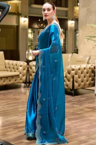 blue woven design poly chiffon saree