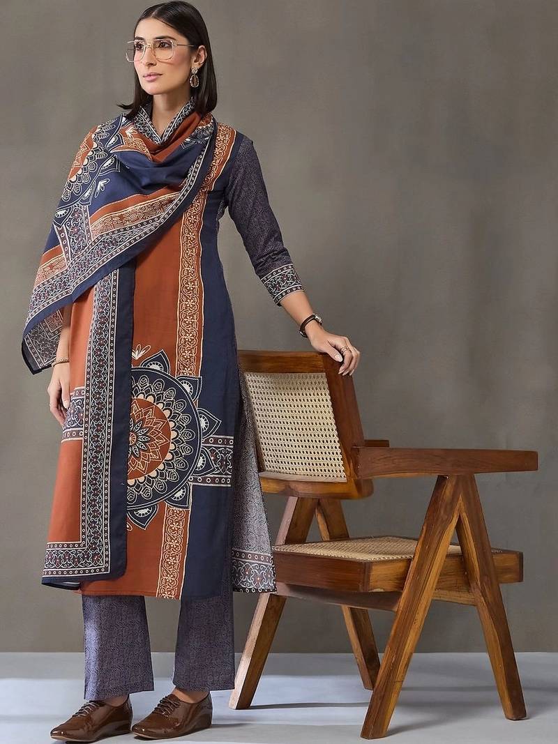 formal women printed kurta with trousers with dupatta