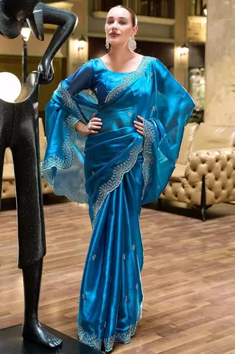 blue woven design poly chiffon saree