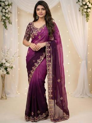 purple embellished embroidered poly georgette heavy work saree 1