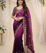 purple embellished embroidered poly georgette heavy work saree