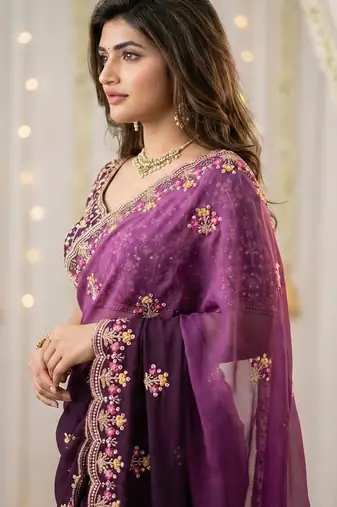 purple embellished embroidered poly georgette heavy work saree