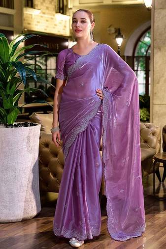lavender ethnic motifs embroidered poly chiffon saree