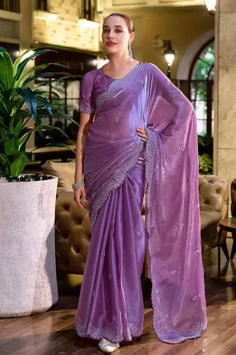 lavender ethnic motifs embroidered poly chiffon saree