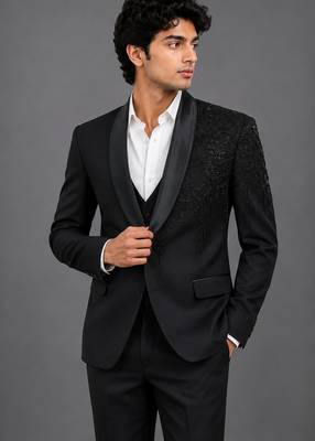 Black embroidered shawl lapel tuxedo set 2