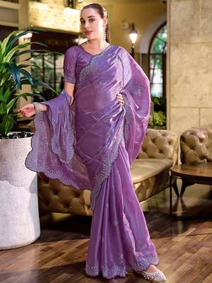 lavender ethnic motifs embroidered poly chiffon saree 4