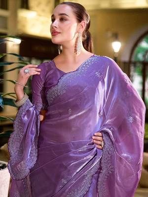 lavender ethnic motifs embroidered poly chiffon saree 5