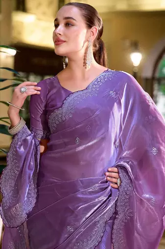 lavender ethnic motifs embroidered poly chiffon saree