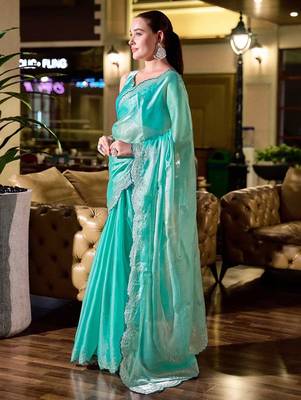 turquoise embellished sequinned poly chiffon saree 2