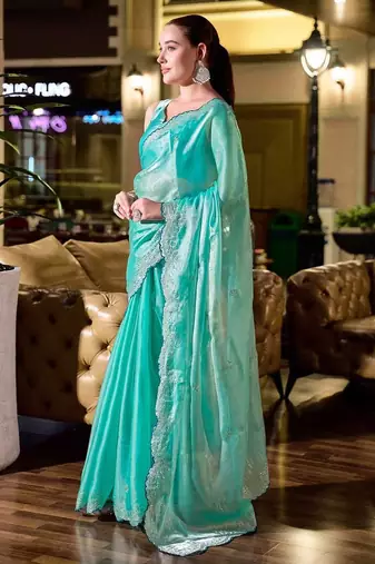turquoise embellished sequinned poly chiffon saree