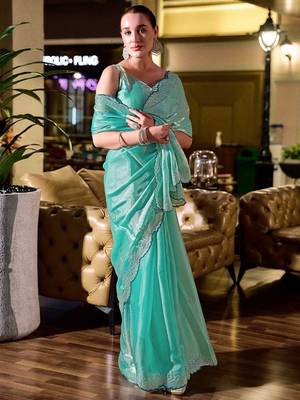 turquoise embellished sequinned poly chiffon saree 4