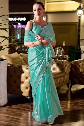 turquoise embellished sequinned poly chiffon saree