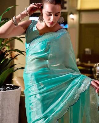 turquoise embellished sequinned poly chiffon saree 5