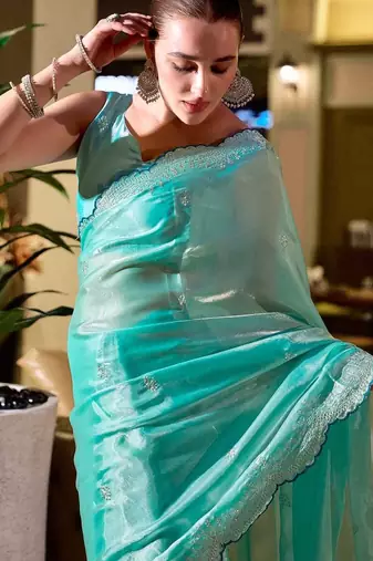 turquoise embellished sequinned poly chiffon saree