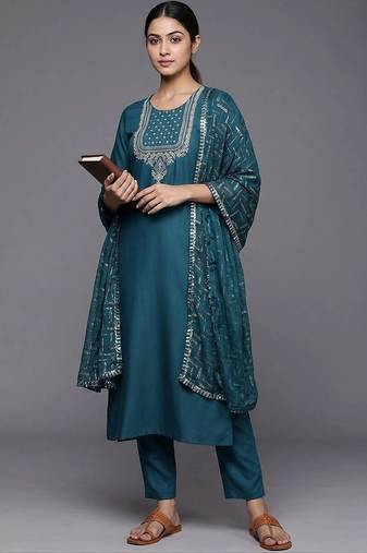 everyday workwear women embroidered kurta with trousers with dupatta