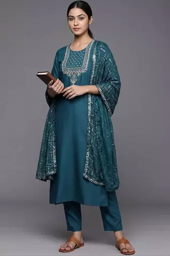 everyday workwear women embroidered kurta with trousers with dupatta