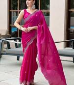 magenta woven design beads and stones poly chiffon saree