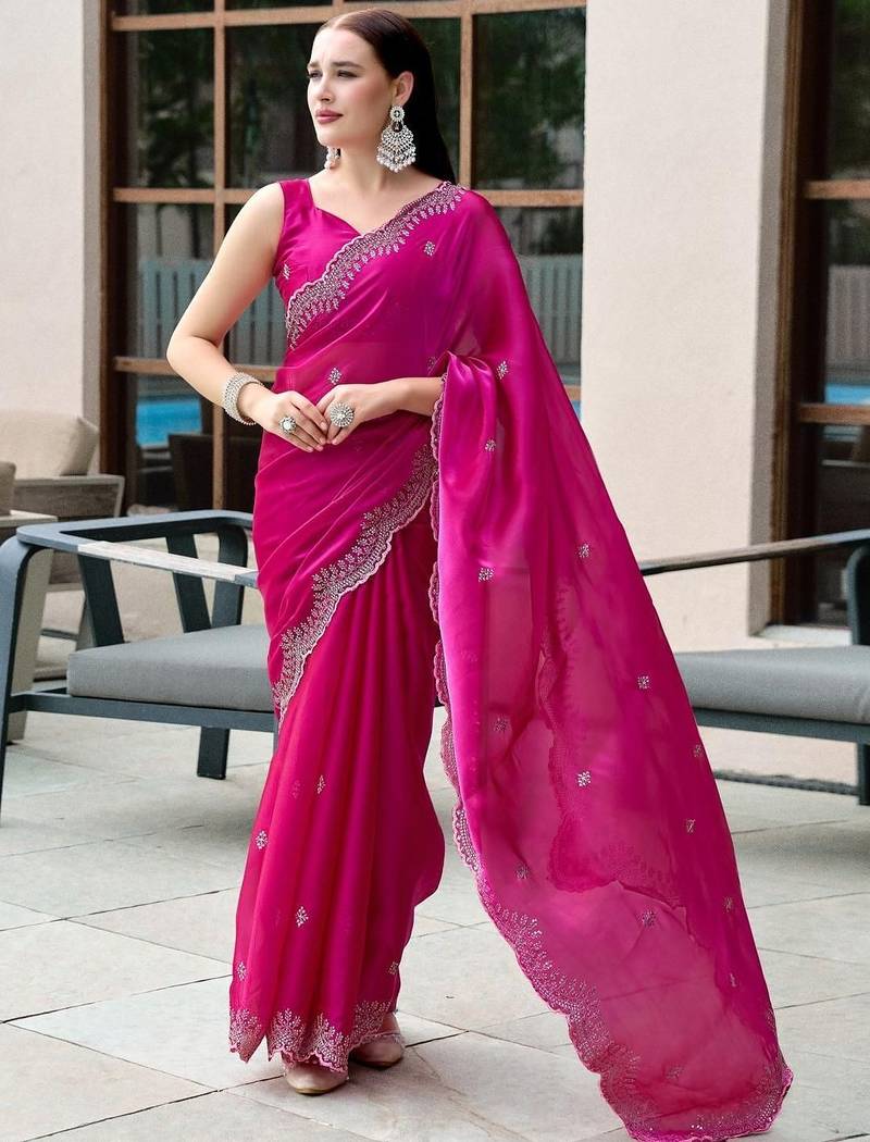 magenta woven design beads and stones poly chiffon saree