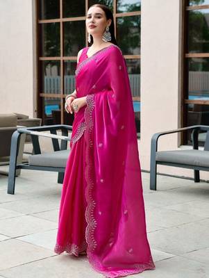 magenta woven design beads and stones poly chiffon saree 2