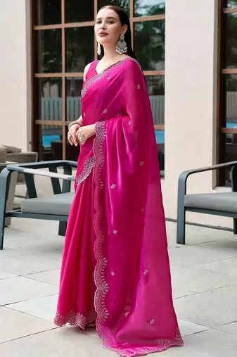 magenta woven design beads and stones poly chiffon saree