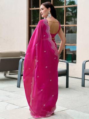 magenta woven design beads and stones poly chiffon saree 3