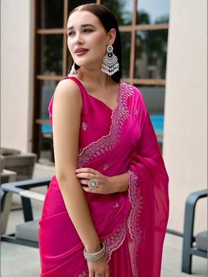 magenta woven design beads and stones poly chiffon saree 4