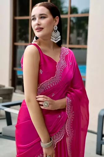 magenta woven design beads and stones poly chiffon saree