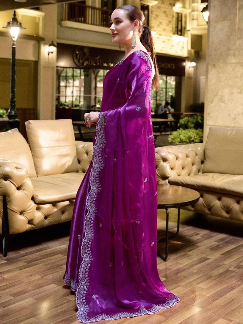 purple ethnic motifs poly chiffon saree