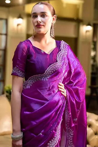 purple ethnic motifs poly chiffon saree