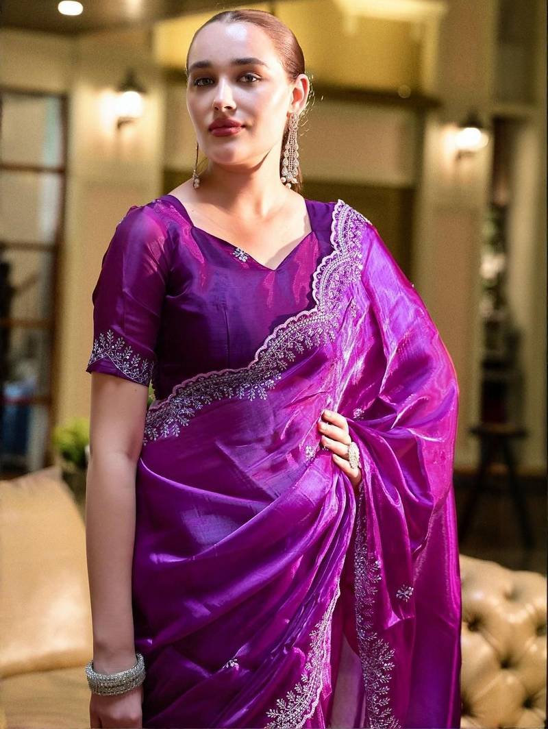 purple ethnic motifs poly chiffon saree
