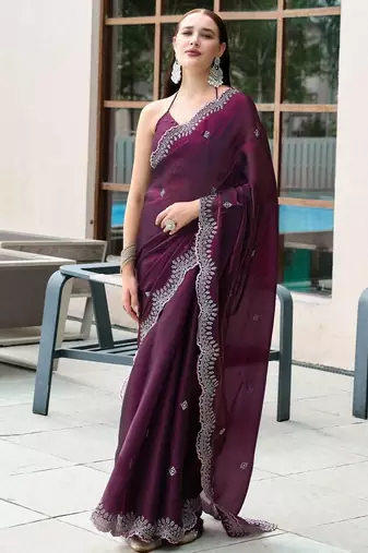 burgundy floral embroidered sequinned saree