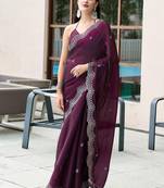burgundy floral embroidered sequinned saree