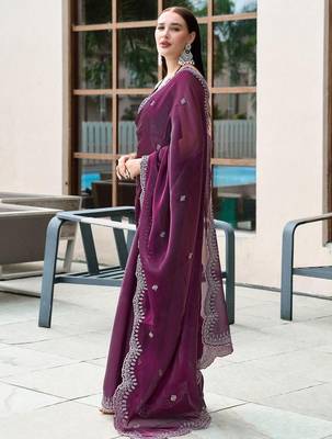 burgundy floral embroidered sequinned saree 2