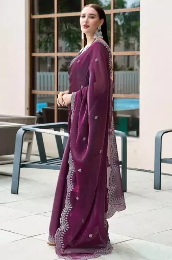 burgundy floral embroidered sequinned saree