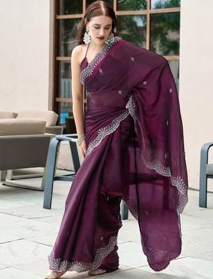 burgundy floral embroidered sequinned saree 4