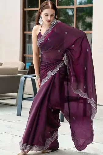 burgundy floral embroidered sequinned saree