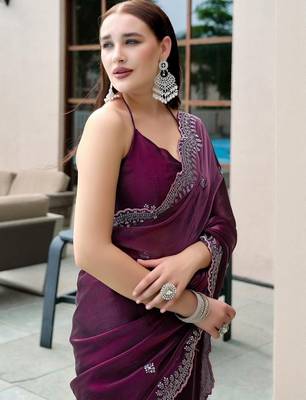 burgundy floral embroidered sequinned saree 5