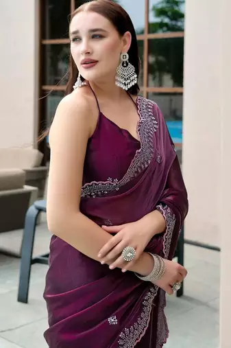 burgundy floral embroidered sequinned saree