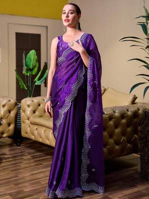 violet embellished embroidered poly chiffon saree 1