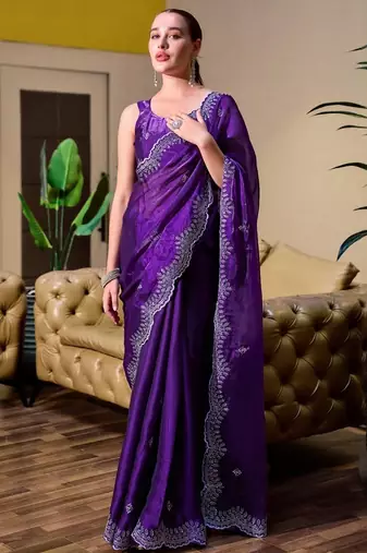 violet embellished embroidered poly chiffon saree